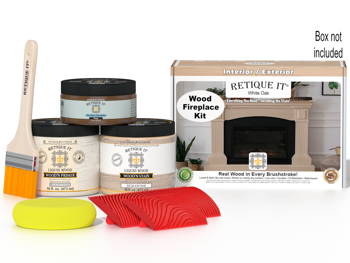 Retique It® Fireplace Wood'n Finish Kit in White Oak stain, full fireplace kit with wood stain and finishing supplies.