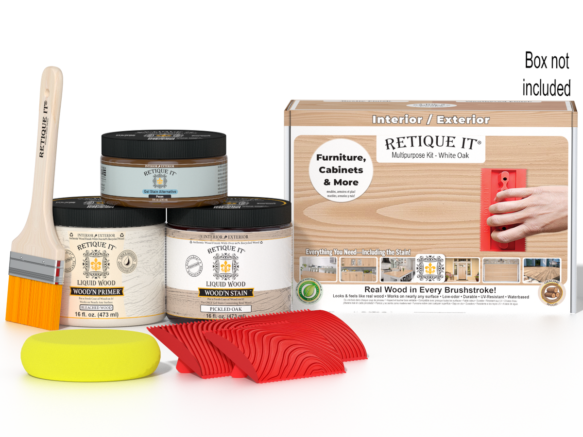 Multi-purpose Wood'n Kit in White Oak by Retique It® for wood finishing, featuring a box with various tools and products.