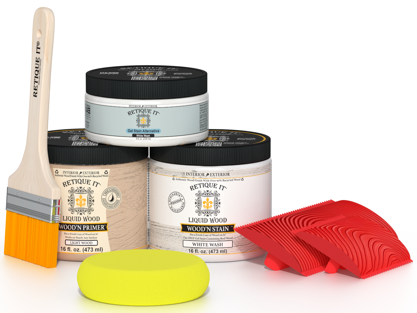 Retique It® Wood'n Finish Kit in White Wash for multi-purpose wood finishing, featuring a compact set of wood treatment products.