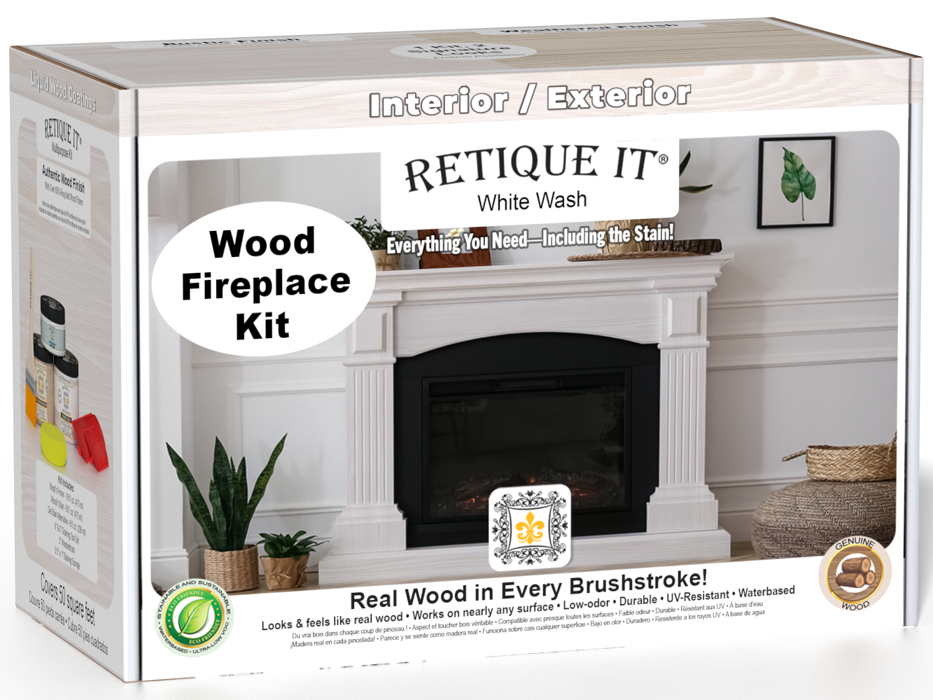 Retique It® Fireplace Wood'n Finish Kit in White Wash stain showing the full fireplace with a natural wood finish appearance.