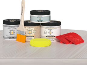 Retique It® Wood'n Finish Kit in White Wash, medium size, with exterior top coat and wood finish tools on a table.