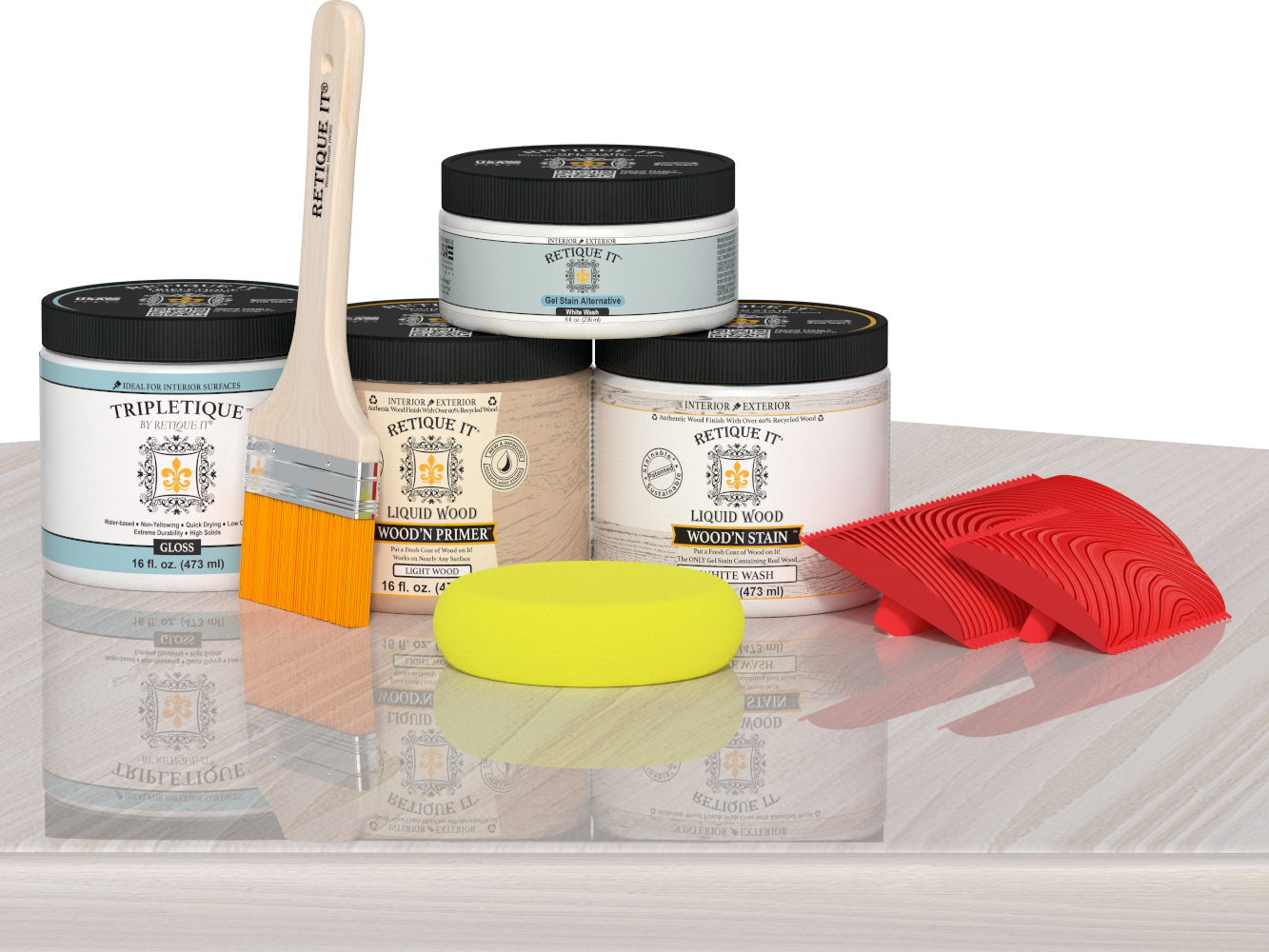 Retique It® white wash countertop kit for kitchen island, featuring wood stain and finishing details on a whitewashed surface.