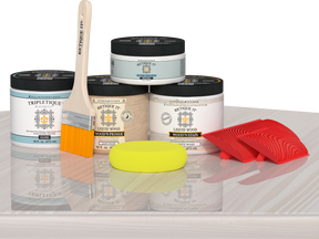 Retique It® white wash countertop kit for kitchen island, featuring wood stain and finishing details on a whitewashed surface.