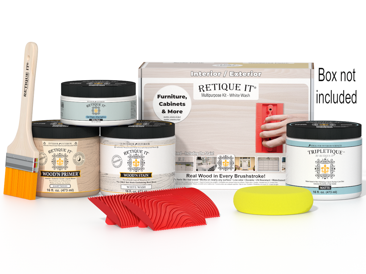 Retique It® Wood'n Finish Kit Med White Wash interior top coat in box, includes brushes and tools for wood finishing.