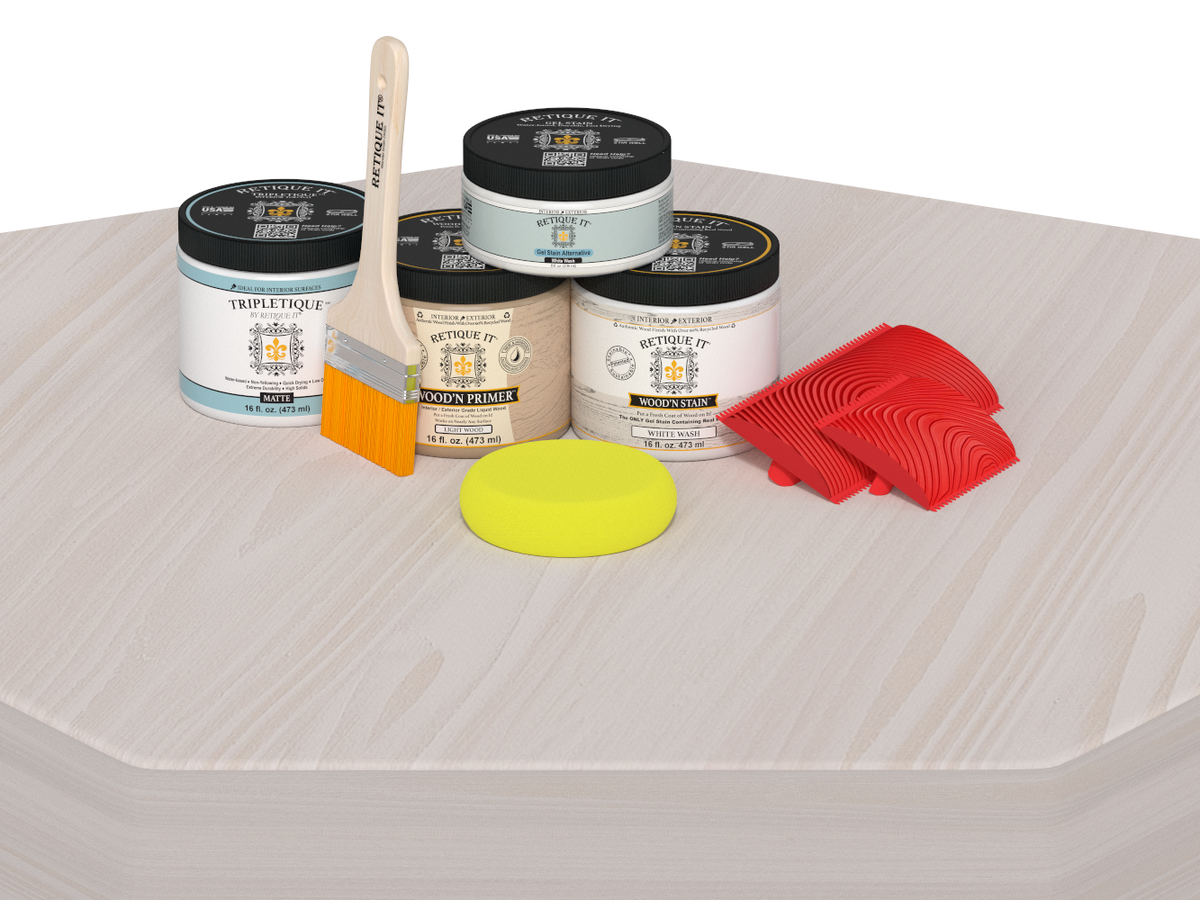 Retique It® Wood'n Kit in White Wash for interior top coat, featuring wood finish application on a table surface.