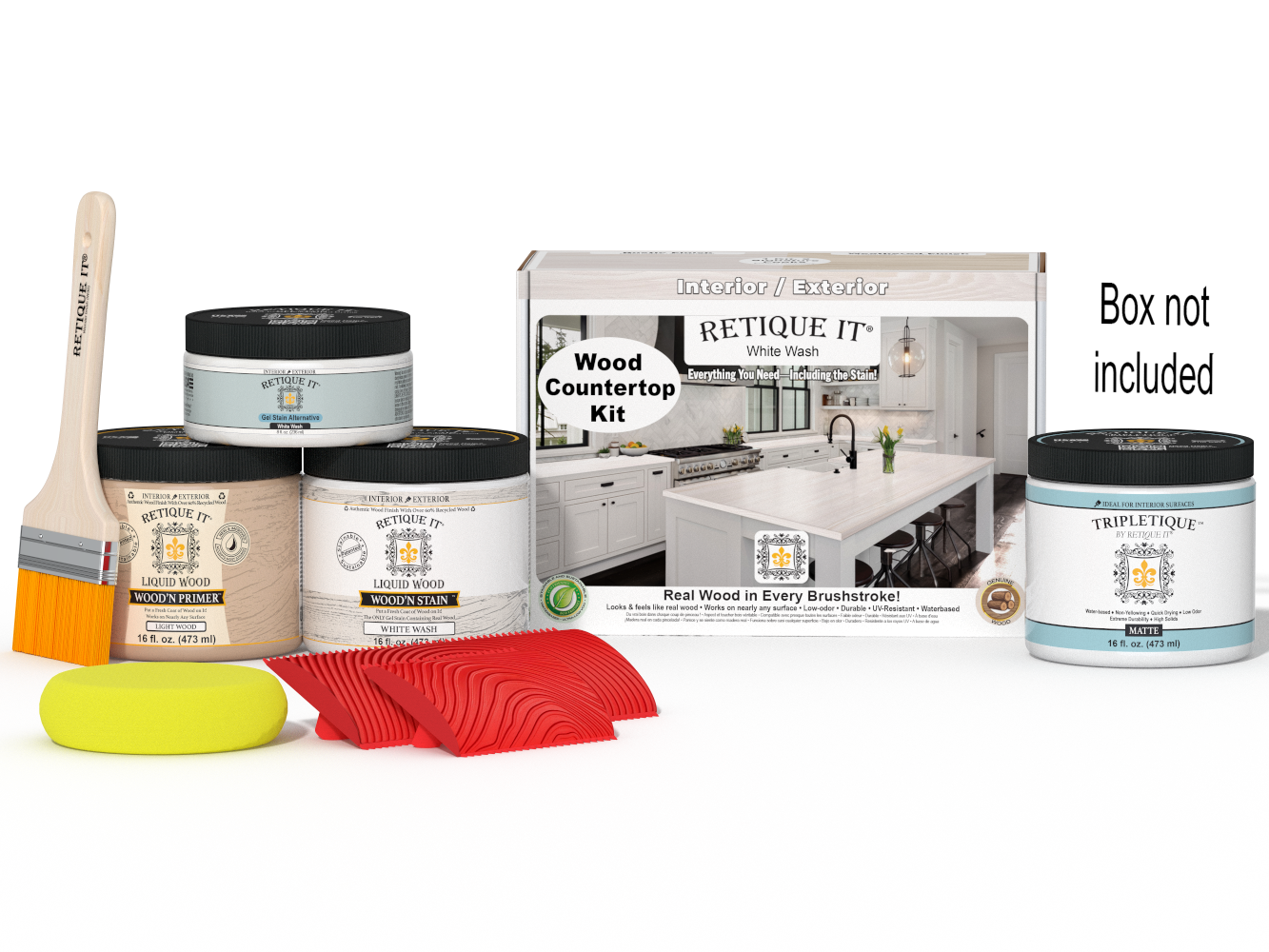 Retique It® White Wash countertop kit for kitchen islands, featuring stain application and natural wood finish.