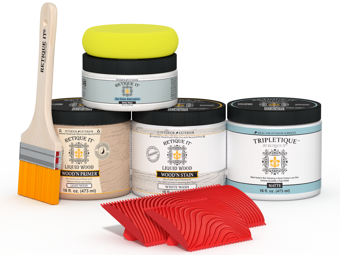 Retique It® Wood'n Finish Kit in White Wash for tabletops, featuring stain bottles and application tools for wood finishing.