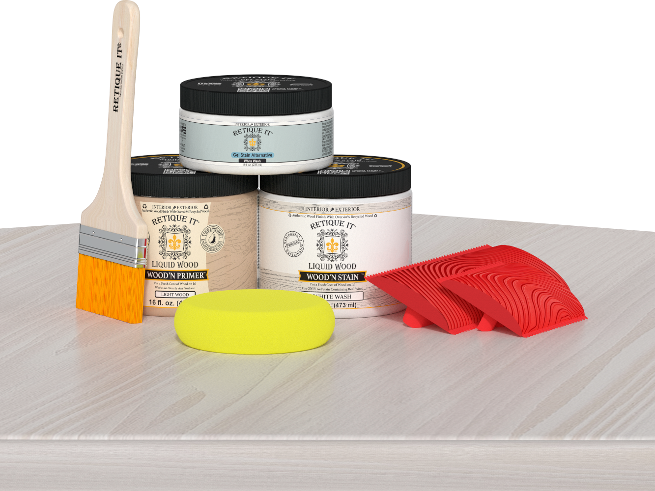 Retique It® Wood'n Finish Kit in White Wash, medium size, includes wood finishing supplies, displayed on a table.