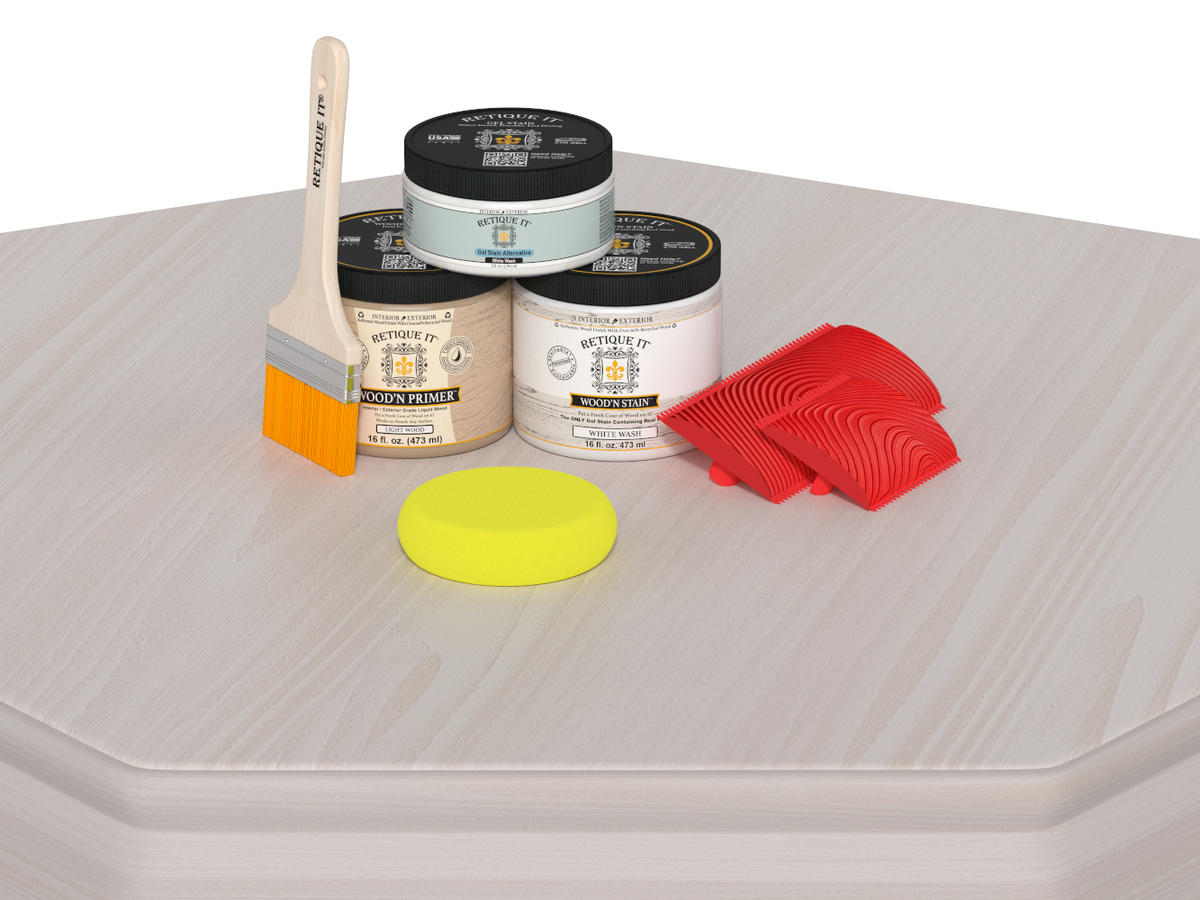 Retique It® Wood'n Finish Kit Double Size in White Wash stain shown on a wooden table for furniture finishing.