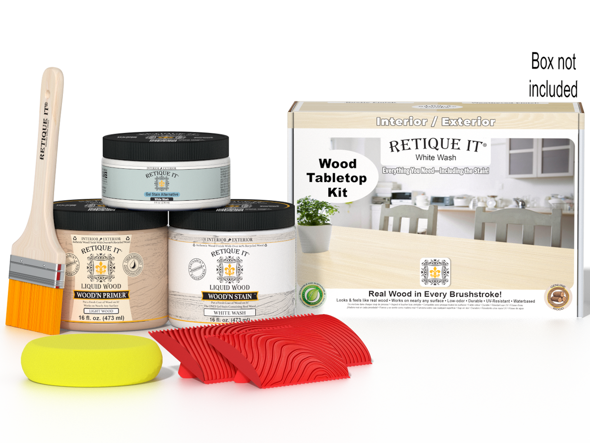 Retique It® Wood'n Finish Kit Double Size in White Wash stain with a wooden tabletop and finishing supplies in the box.