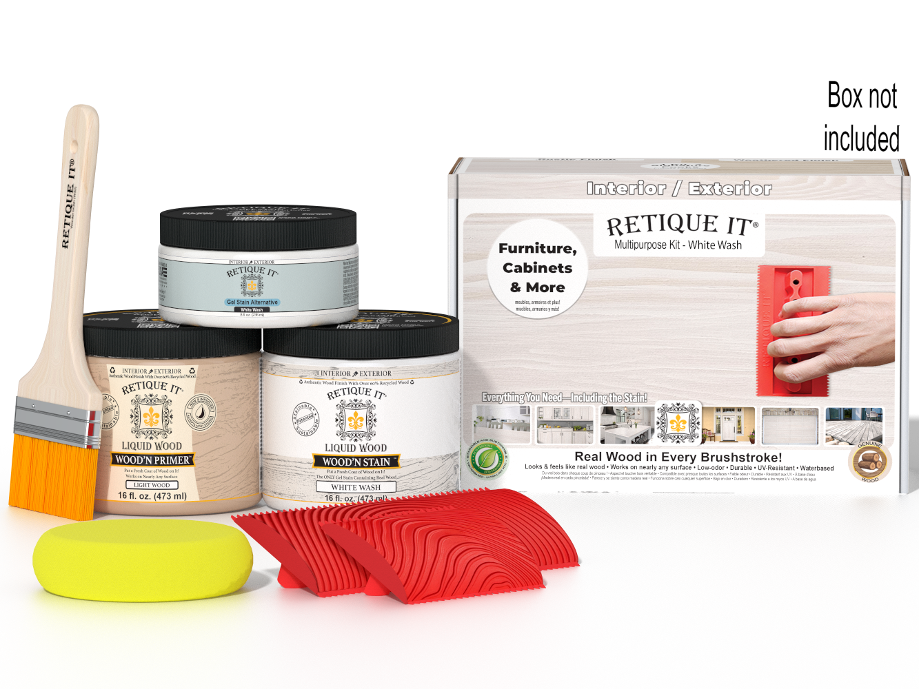 Retique It® Multi-purpose Wood'n Kit in White Wash for wood finishing, shown in the box with application tools.
