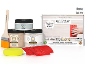 Retique It® Multi-purpose Wood'n Kit in White Wash for wood finishing, shown in the box with application tools.