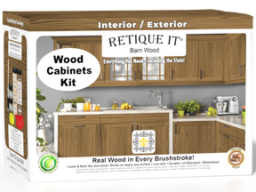 Retique It® Wood'n Cabinet Kit with 12 barn wood grain stained cabinet doors, showcasing natural wood texture and stain finish.