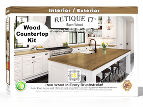 Retique It® barn wood countertop kit with stain, showcasing a full kitchen countertop with rustic barn wood finish.