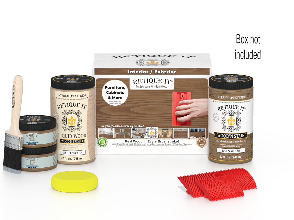 Wood stain kit with bottles, a brush, and packaging on a white background