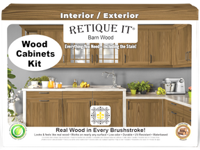 Retique It® Wood'n Cabinet Kit with 12 barn wood-grained stained cabinet doors, showcasing natural wood texture and finish.