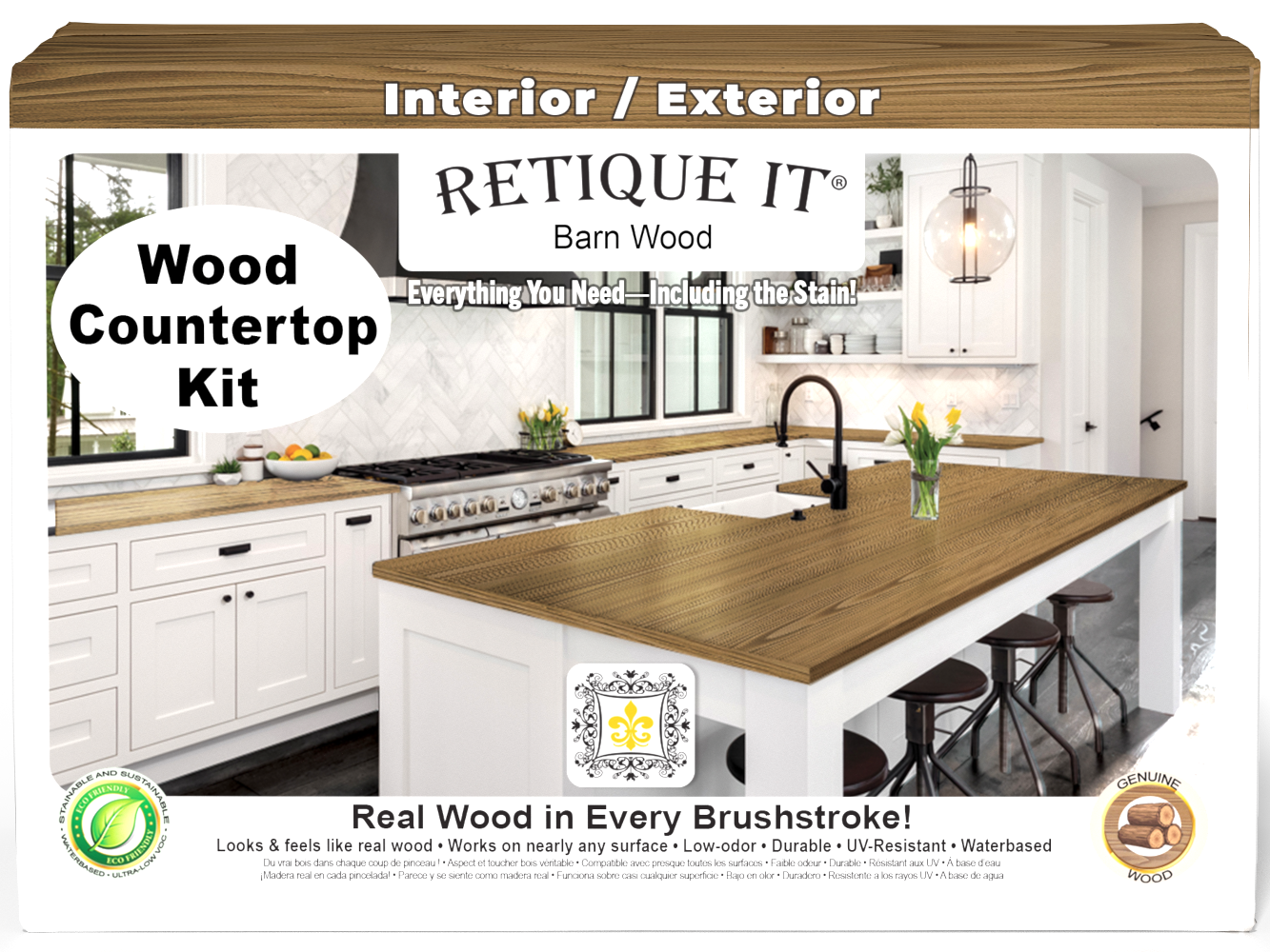 Retique It® barn wood stained countertop kit for full kitchen renovation, featuring natural wood grain and rustic finish.