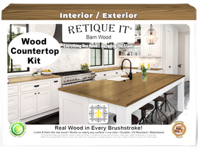 Retique It® Barn Wood countertop kit with stains, showing a full kitchen countertop in natural wood finish.