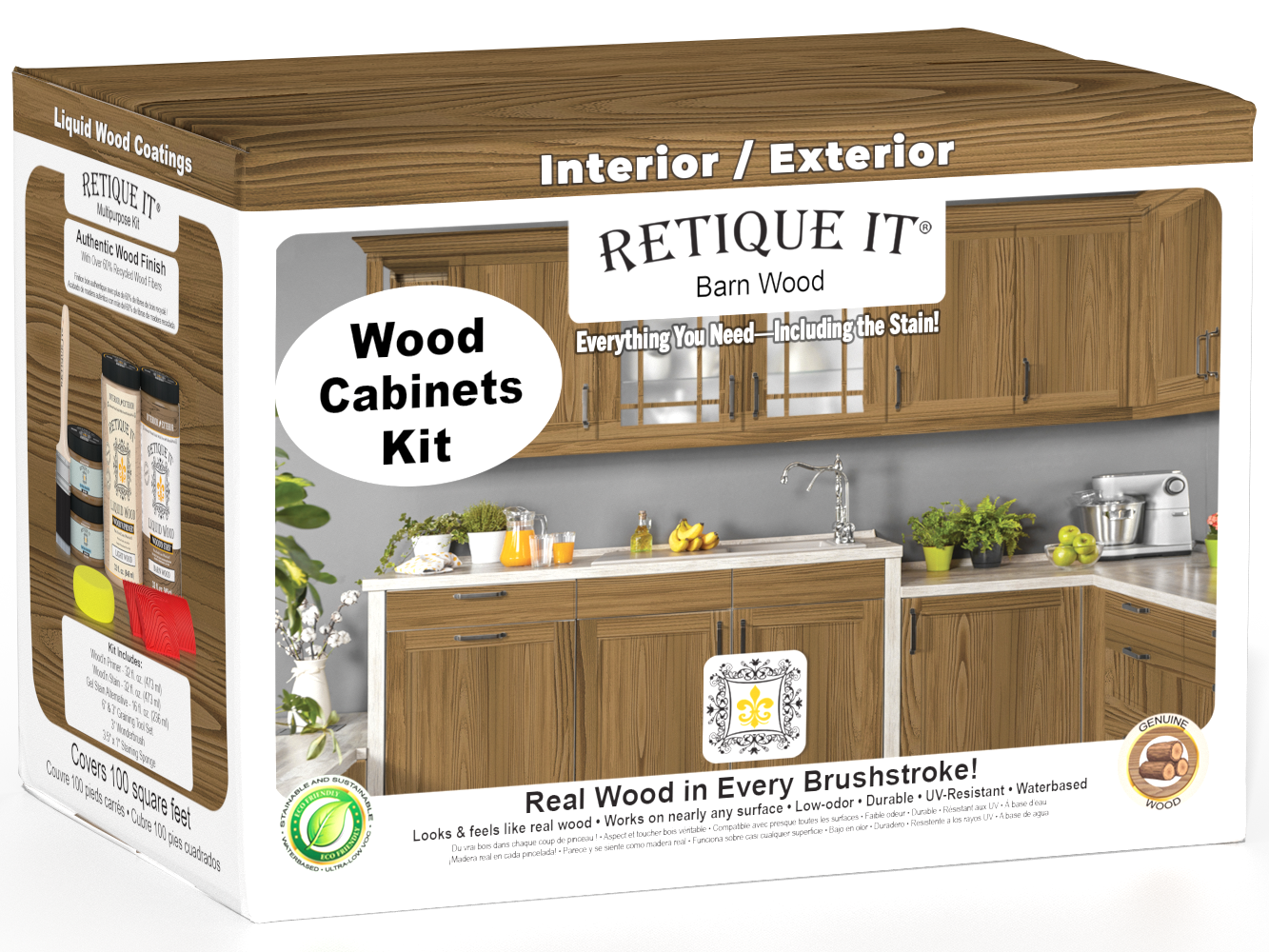 Retique It Wood'n Cabinet Kit with 12 barn wood-grained doors, showcasing natural stained barn wood finish for kitchen or furniture.