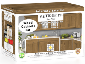 Retique It Wood'n Cabinet Kit with 12 barn wood-grained doors, showcasing natural stained barn wood finish for kitchen or furniture.