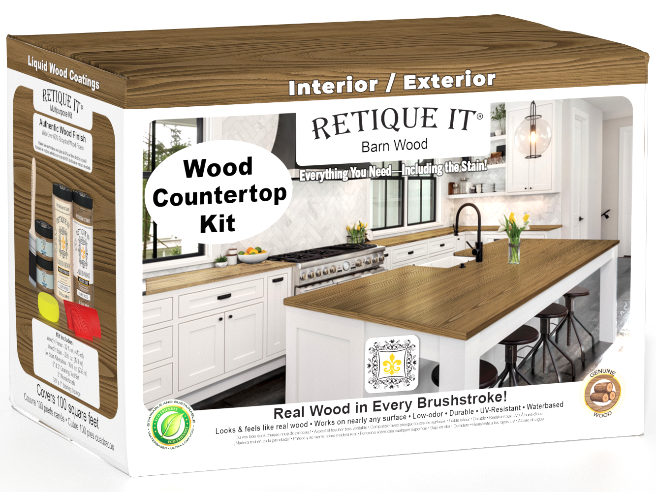Retique It® barn wood stain kitchen countertop kit showcasing a full wooden surface with a natural rustic finish.