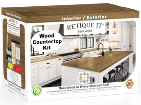 Retique It® barn wood stain kitchen countertop kit showcasing a full wooden surface with a natural rustic finish.