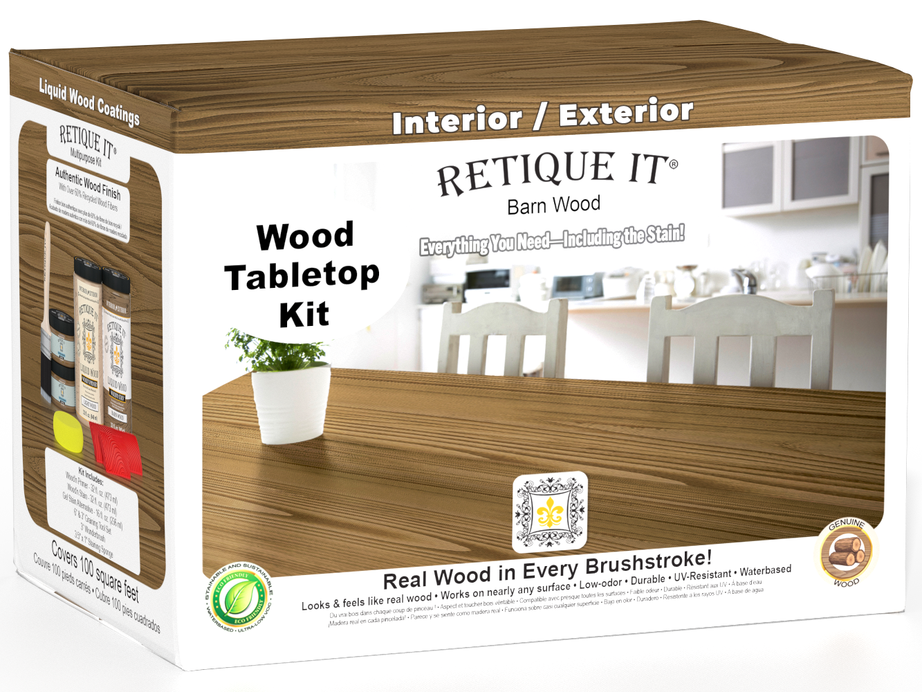 Retique It Wood'n Finish Kit with four large barn wood stain samples for tabletops, showcasing wood grain and rich finish.