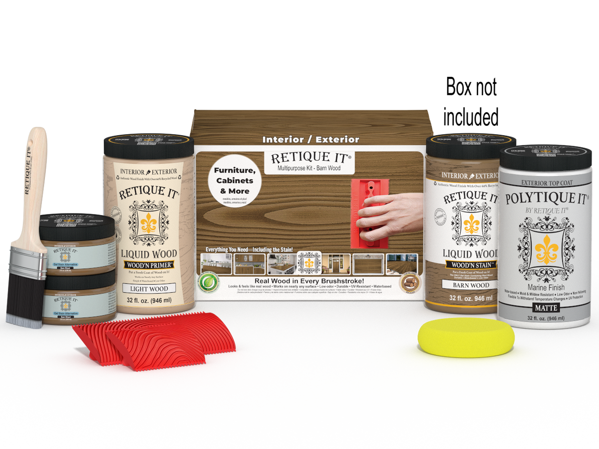Large Barn Wood Wood'n Finish Kit by Retique It® with exterior top coat and wooden tools in a box for multi-purpose wood finishing.