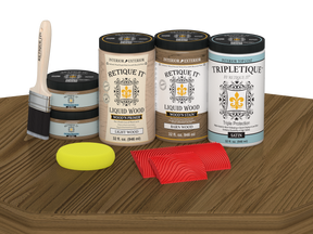 Retique It® Wood'n Cabinet Kit with barn wood stain, satin finish, featuring 12 grained cabinet doors on a table surface.