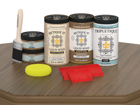 Retique It® barn wood countertop kit with satin stain finish, full kitchen installation, showcasing natural wood grain and texture.