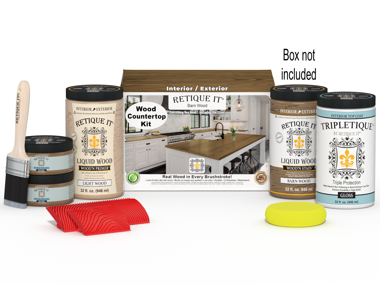 Retique It® barn wood countertop kit featuring stain options, designed for full kitchen installation with natural wood finish.