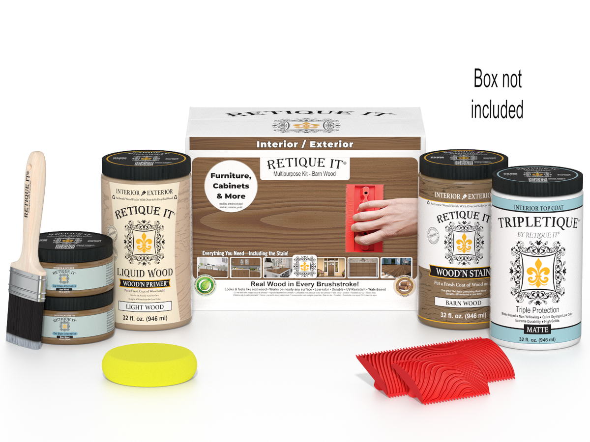 Wood staining products including cans, a brush, and packaging on a white background