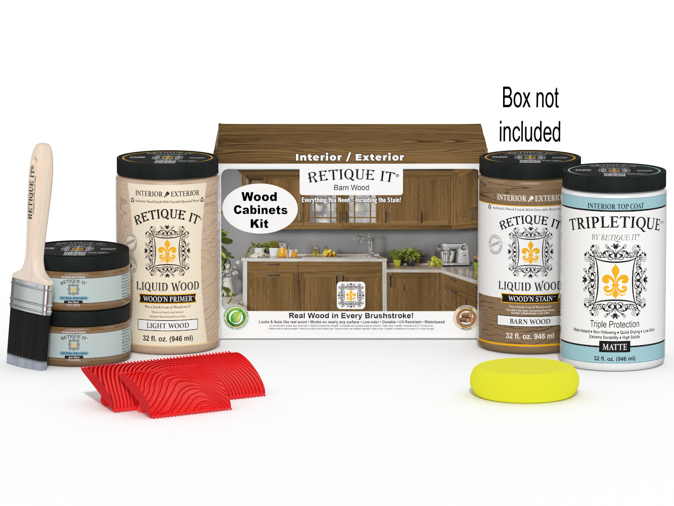 Retique It® Wood'n Cabinet Kit with 12 barn wood-grained doors, stain finish, shown with included boxes and hardware.