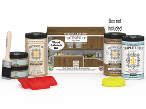 Retique It® Wood'n Cabinet Kit with 12 barn wood-grained doors, stain finish, shown with included boxes and hardware.