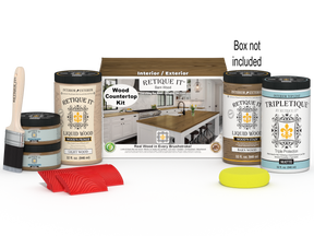 Retique It® Barn Wood countertop kit with stains, showing a full kitchen setup featuring the rustic wood finish and accompanying box.