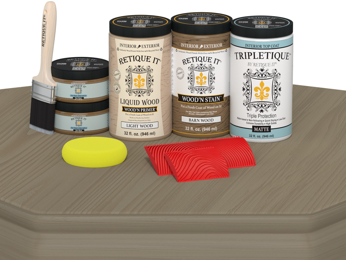 Wood staining products including cans, a brush, and applicators on a wooden surface.
