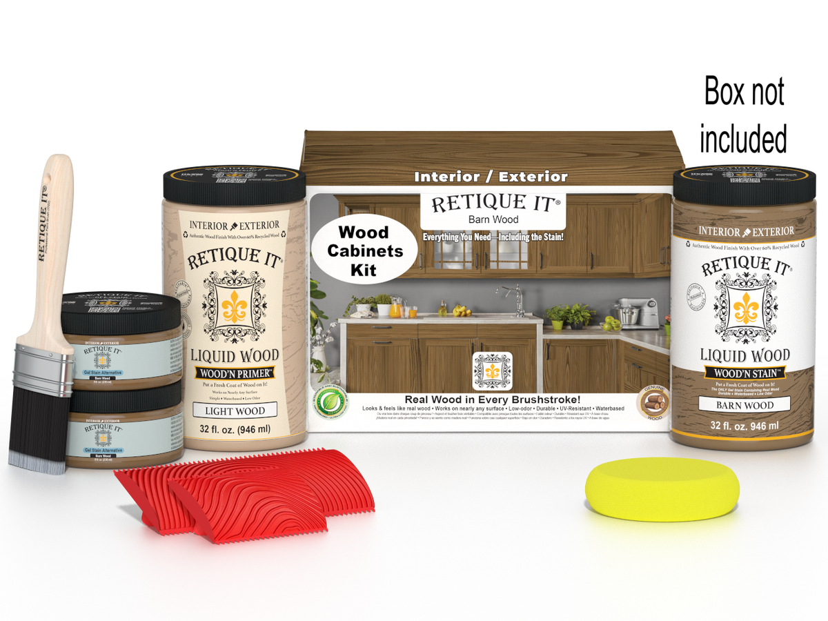 Retique It® Wood'n Cabinet Kit with 12 barn wood grain stained cabinet doors, ideal for DIY furniture and cabinetry projects.