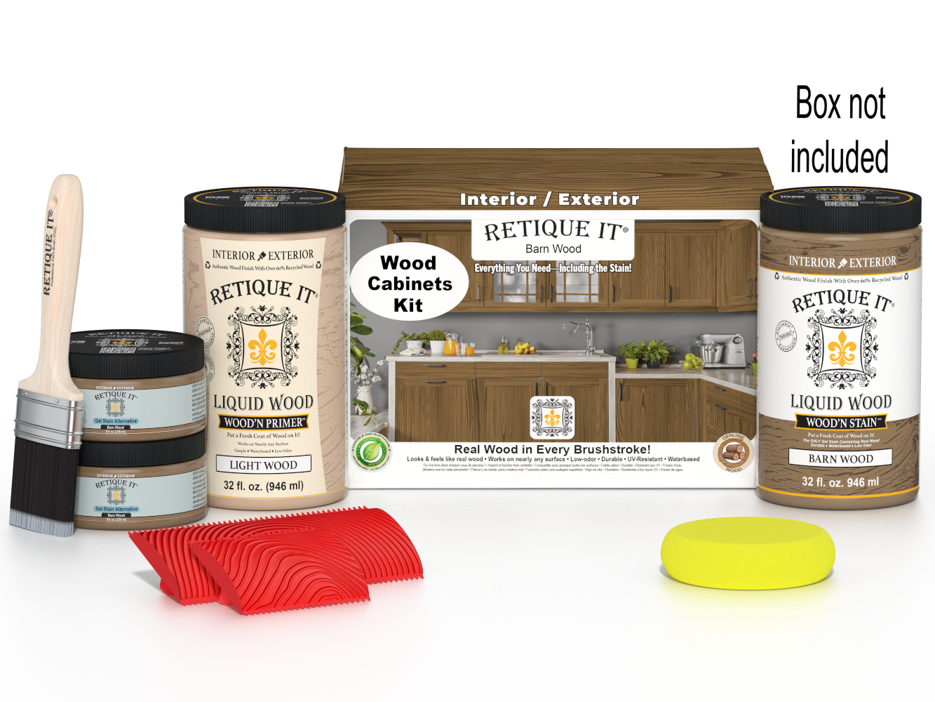 Retique It® Wood'n Cabinet Kit with 12 barn wood-grained stained cabinet doors, showcasing rustic wood texture and finish.