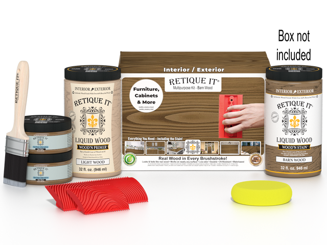 Large Retique It Wood'n Finish Kit in Barn Wood, featuring assorted tools and supplies for multi-purpose wood finishing projects.