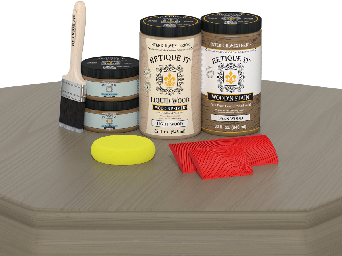 Retique It wood finish products including cans, a brush, and applicators on a wooden surface.