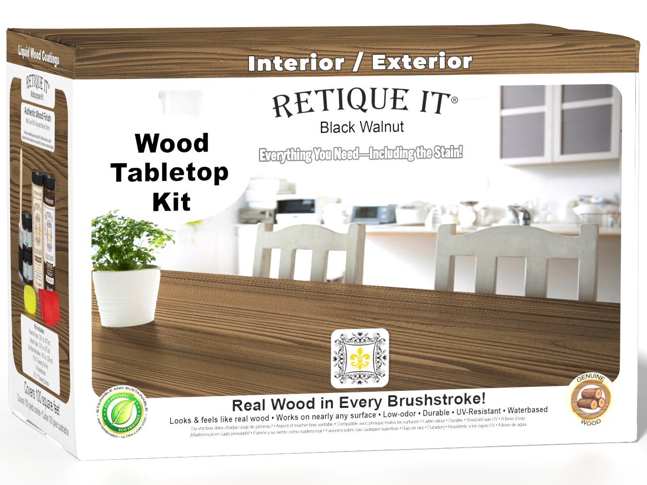 Retique It® Wood'n Finish Kit with four large black walnut stain bottles for wood finishing, shown in a box with stain bottles.