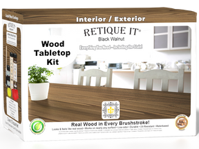 Retique It® Wood'n Finish Kit with four large black walnut stain bottles for wood finishing, shown in a box with stain bottles.