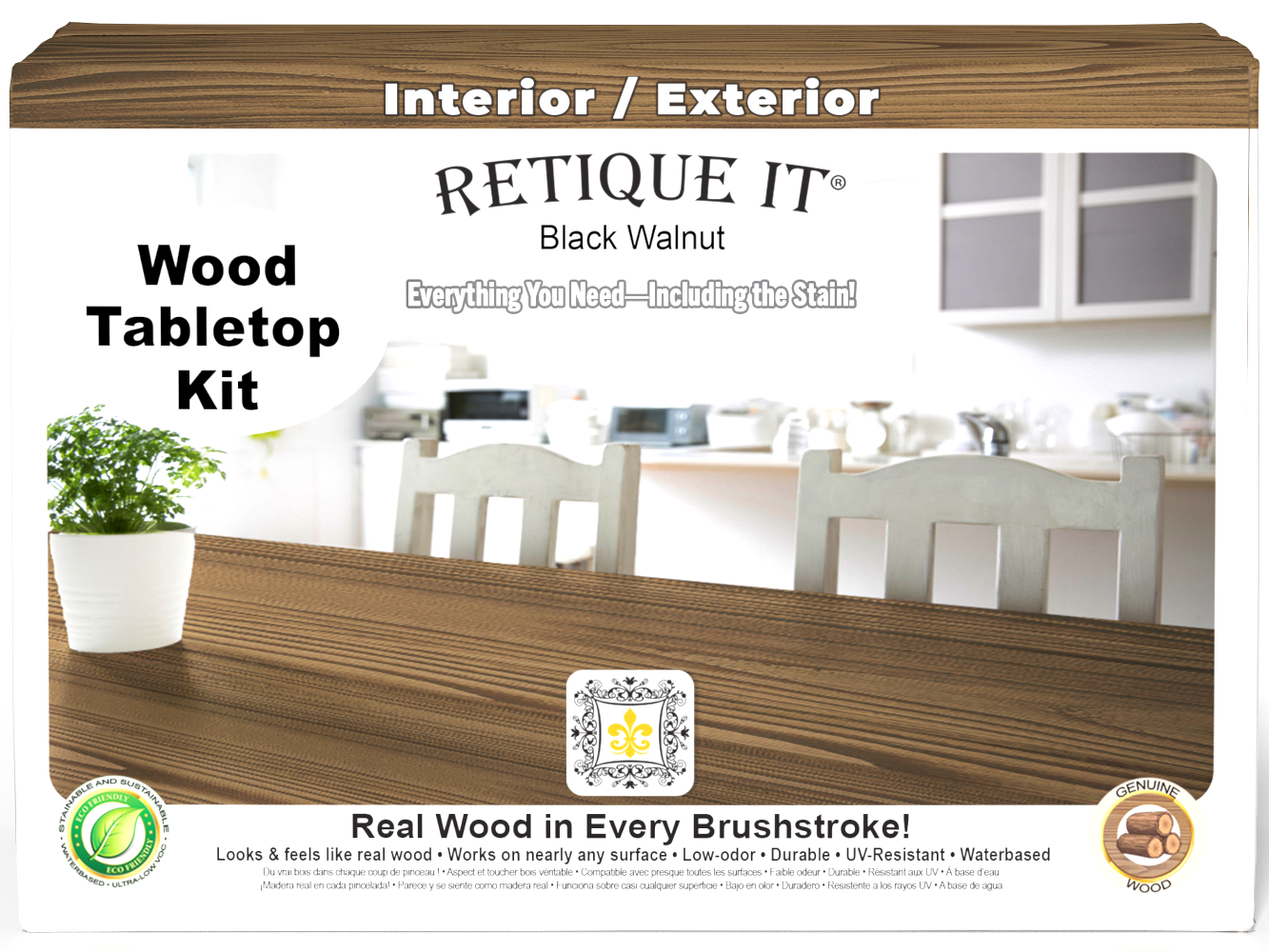 Retique It® Wood'n Finish Kit with four large black walnut stain bottles for tabletop wood finishing.