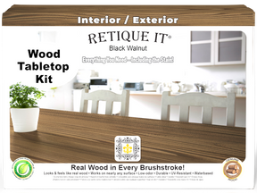 Retique It® Wood'n Finish Kit with four large black walnut stain bottles for tabletop wood finishing.
