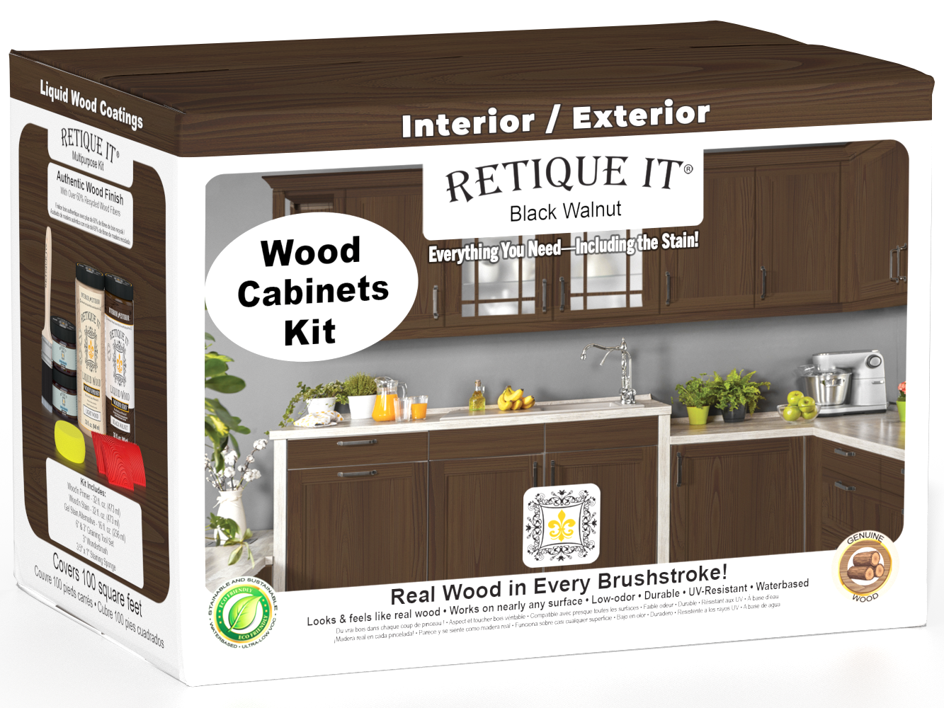 Retique It® Wood'n Cabinet Kit with 12 black walnut grained stain doors, showcasing natural wood grain and sleek cabinet design.
