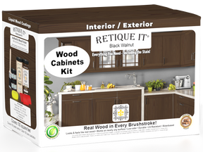 Retique It® Wood'n Cabinet Kit with 12 black walnut grained stain doors, showcasing natural wood grain and sleek cabinet design.