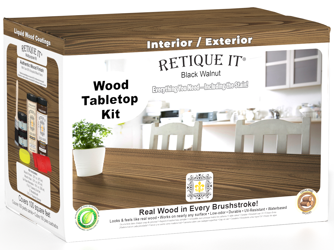 Retique It® Wood'n Finish Kit in Black Walnut stain, featuring four large bottles of wood stain for tabletops and furniture.