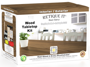 Retique It® Wood'n Finish Kit in Black Walnut stain, featuring four large bottles of wood stain for tabletops and furniture.