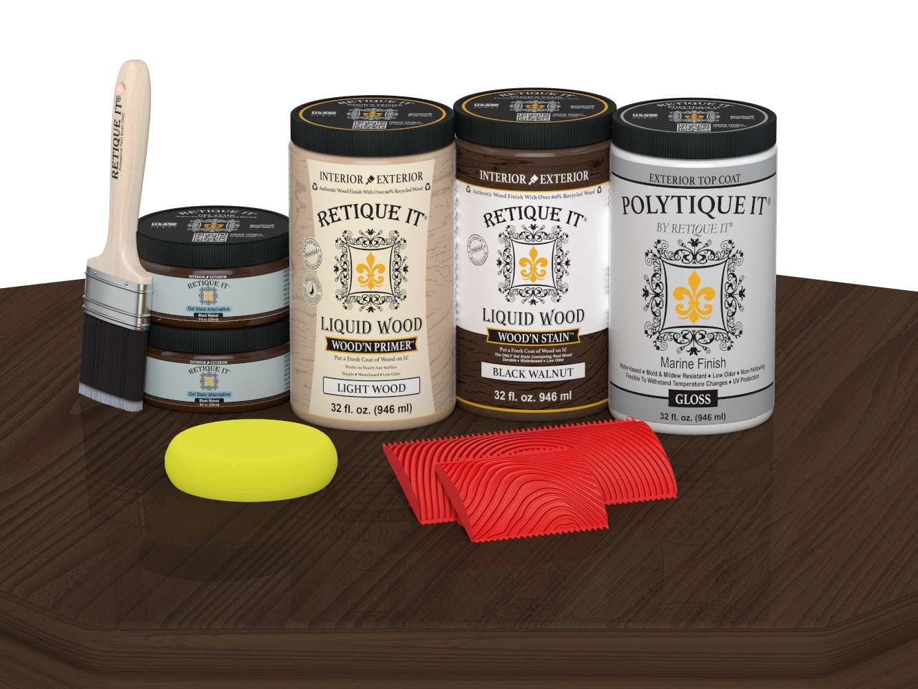 Retique It® Wood'n Finish Front Door Kit in Black Walnut stain with a glossy finish, shown on a table.