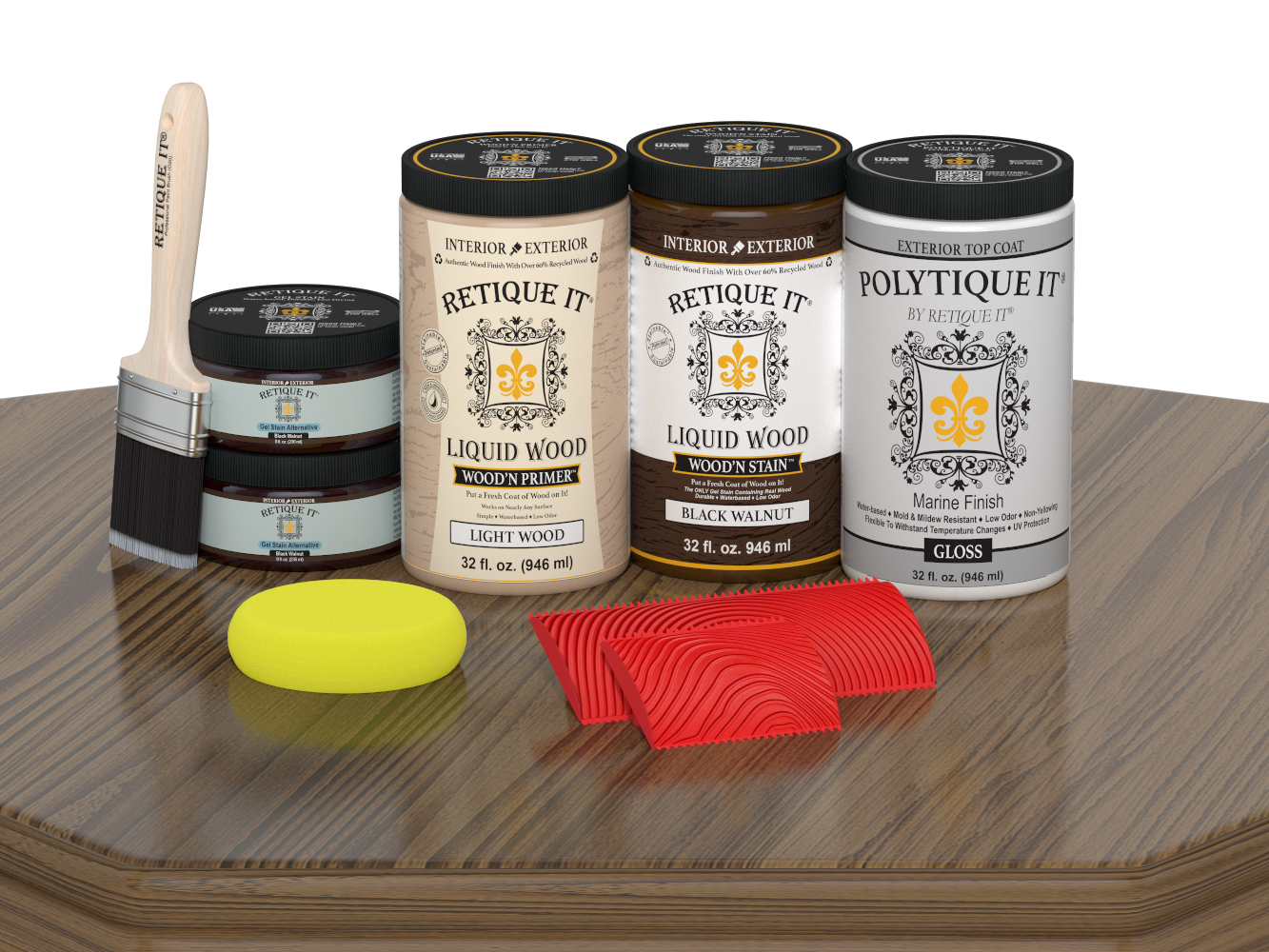 Large Black Walnut Wood'n Finish Kit by Retique It® with exterior top coat, shown in glossy finish on a wood surface.